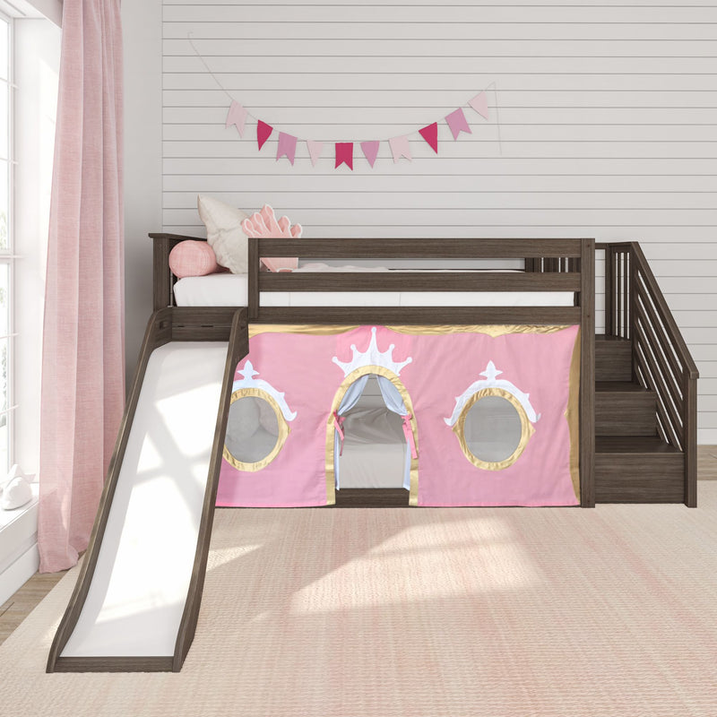 Pink princess loft bunk bed with slide and play tent in girls' kids bedroom, wooden staircase, pink bunting and white shiplap wall