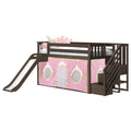 Dark wood children's loft bed with slide and stairs, pink princess playhouse curtain and crown-shaped pillow