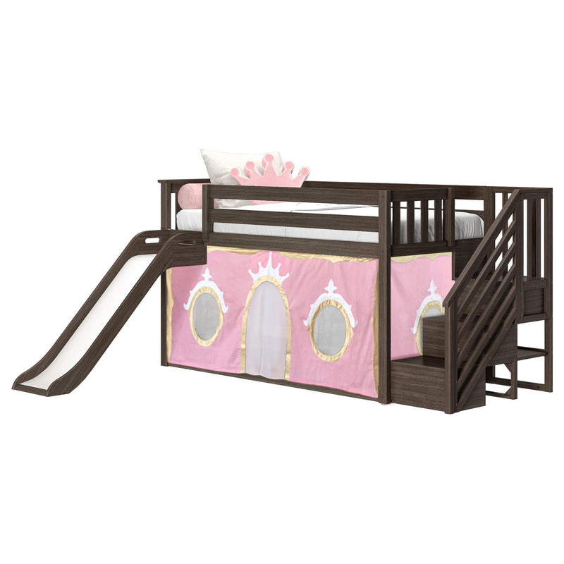 Dark wood children's loft bed with slide and stairs, pink princess playhouse curtain and crown-shaped pillow