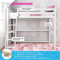 White solid New Zealand pine loft bed with ladder and guardrail, space-saving twin design fits 8+ ft ceilings with non-slip grooved ladder steps