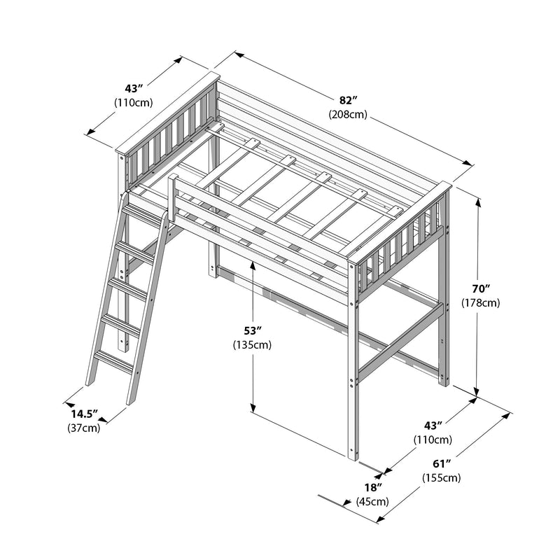 Assembly diagram of wooden loft bed frame with ladder showing dimensions in inches and centimeters — 82 in (208 cm) length, 43 in (110 cm) width, 70 in (178 cm) height, 53 in (135 cm) clearance