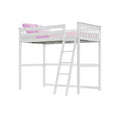 White twin loft bed with ladder and pink bedding, space-saving high sleeper bed for kids and teens, modern white wooden bedroom furniture