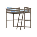 Gray-brown wooden loft bed with ladder, twin mattress and blue bedding — space-saving children's bedroom furniture
