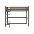 Gray wood twin loft bed frame with side ladder and slatted guardrails, space-saving modern rustic bunk bed for small bedrooms