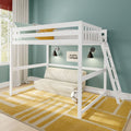 Modern white wooden loft bunk bed with ladder in a teal kids' bedroom, striped pillow and mustard-yellow throw on top bunk, beige daybed below, black wall sconces, large window and yellow geometric rug