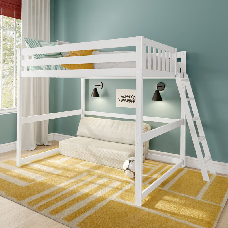 Modern white wooden loft bunk bed with ladder in a teal kids' bedroom, striped pillow and mustard-yellow throw on top bunk, beige daybed below, black wall sconces, large window and yellow geometric rug