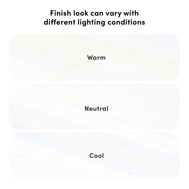 Finish look varies under different lighting conditions: three rounded swatches labeled "Warm", "Neutral", and "Cool" demonstrating color temperature effects on surface finish.