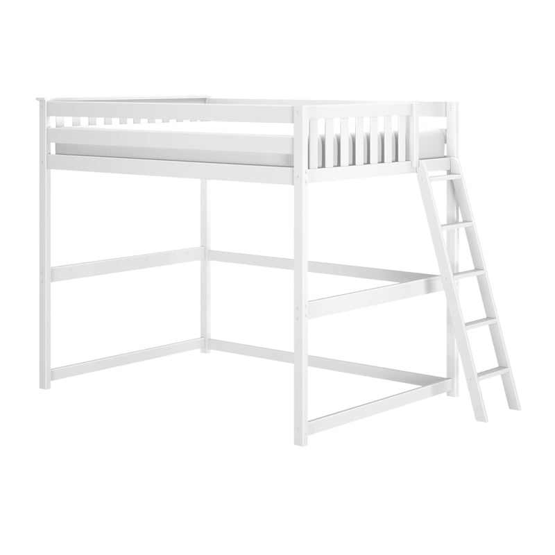 White wooden loft bed frame with ladder and guardrails, space-saving elevated twin mattress platform for kids' bedroom