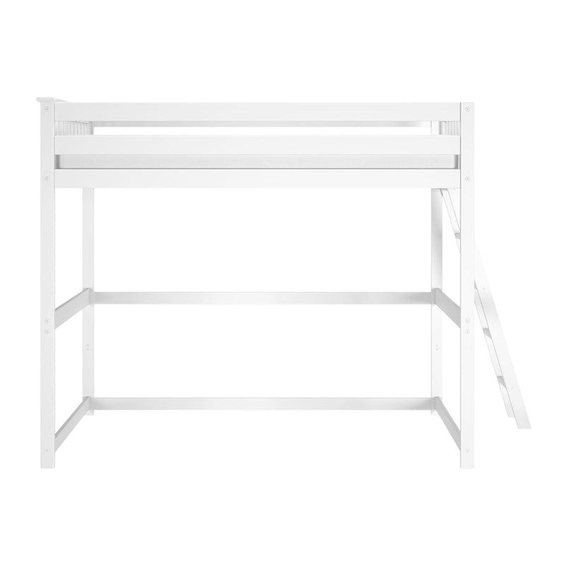 White wooden loft bed frame with safety rails and ladder, modern twin high-sleeper bunk bed for small bedrooms