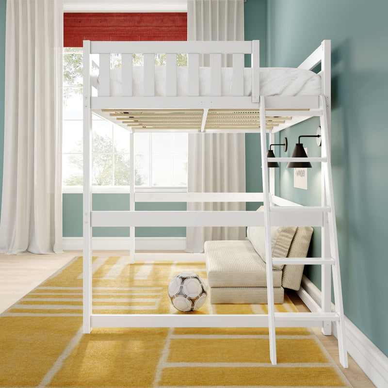 White loft bunk bed in modern kids' bedroom with teal walls, yellow patterned rug, ladder and soccer ball