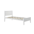 White wooden twin platform bed frame with headboard and slatted base, modern minimalist design for small bedrooms.