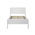 White wooden bed frame with slatted base and paneled headboard, modern minimalist bedroom furniture on white background