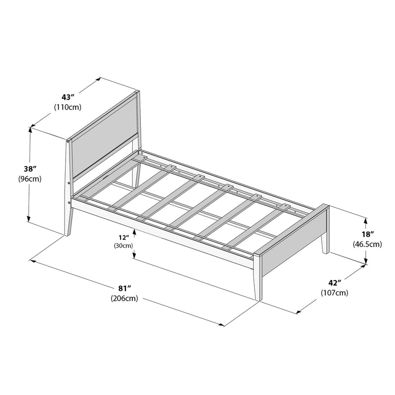 Assembly diagram of wooden slatted bed frame with headboard and footboard showing measurements in inches and centimeters — length 81 in (206 cm), width 42 in (107 cm), headboard height 38–43 in (96–110 cm), and under-bed clearance 12 in (30 cm)