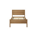 Natural oak wooden platform bed frame with slatted base and rectangular panel headboard, minimalist rustic bedroom furniture