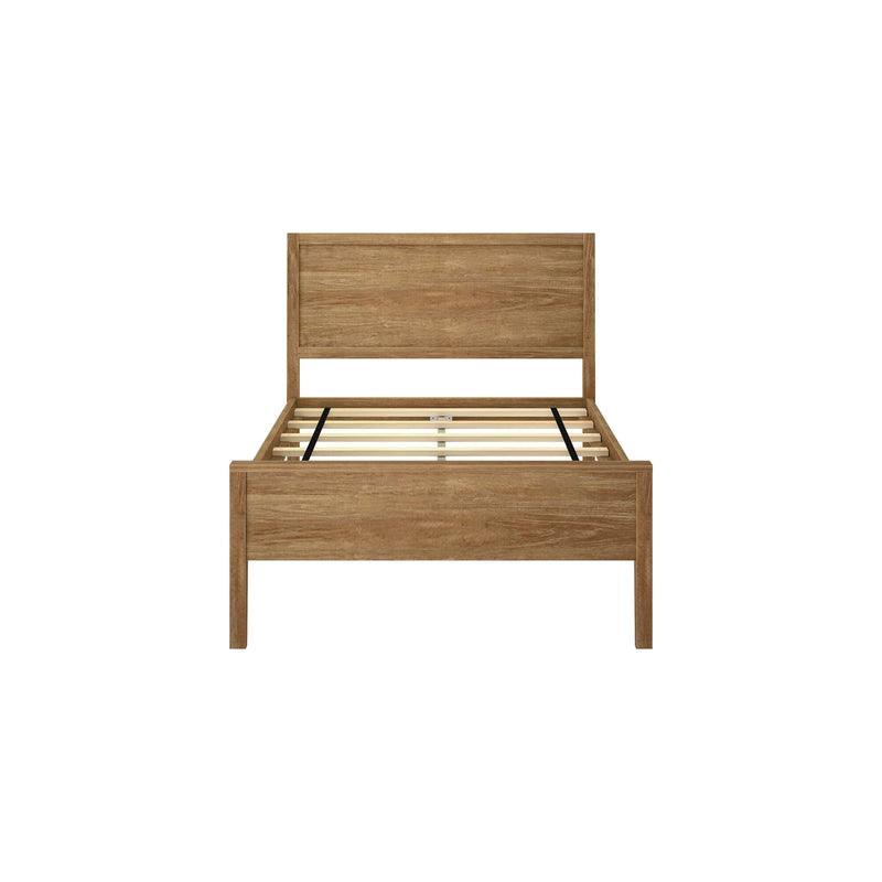 Natural oak wooden platform bed frame with slatted base and rectangular panel headboard, minimalist rustic bedroom furniture