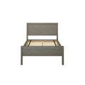 Gray wood platform bed frame with panel headboard and footboard, slatted wooden base and center support, modern farmhouse bedroom furniture