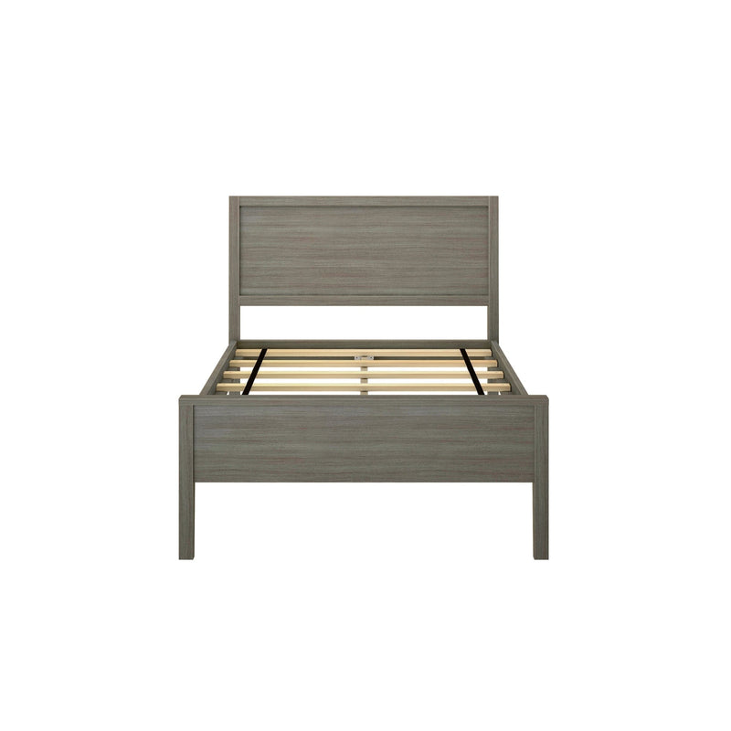 Gray wood platform bed frame with panel headboard and footboard, slatted wooden base and center support, modern farmhouse bedroom furniture