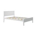 White wooden platform bed frame with headboard and slatted wood support, modern minimalist bedroom furniture