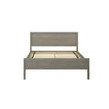 Gray wood platform bed frame with rectangular headboard and wooden slatted mattress support, modern rustic bedroom furniture