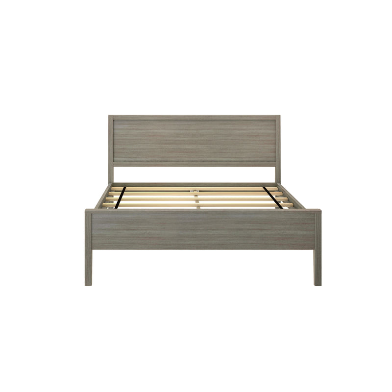 Gray wood platform bed frame with rectangular headboard and wooden slatted mattress support, modern rustic bedroom furniture