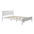 White wooden platform bed frame with wooden slats and rectangular headboard, modern minimalist design, mattress not included