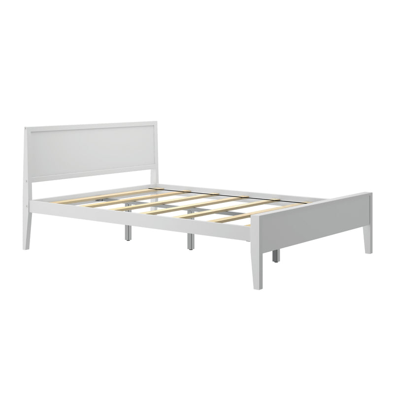 White wooden platform bed frame with wooden slats and rectangular headboard, modern minimalist design, mattress not included
