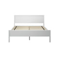 White modern wooden bed frame with rectangular headboard and slatted platform base, minimalist design