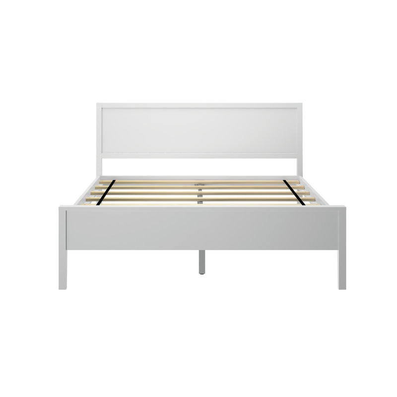 White modern wooden bed frame with rectangular headboard and slatted platform base, minimalist design