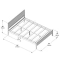 Isometric assembly diagram of a wooden slatted bed frame with headboard, footboard and central support legs showing dimensions 85" (216 cm) length, 64" (162 cm) width, 38" (96 cm) headboard height, 18" (46 cm) footboard height and 12" (30 cm) clearance