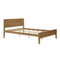 Solid wood queen platform bed frame with slatted base and tall headboard in natural oak finish