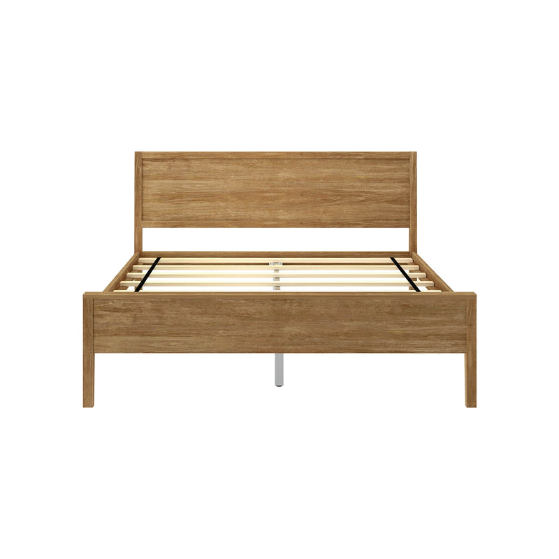 Light oak wooden platform bed frame with headboard and slatted base, modern farmhouse bedroom furniture