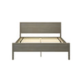 Gray oak wood platform bed frame with rectangular headboard and wooden slatted base, modern farmhouse-style frame shown without mattress