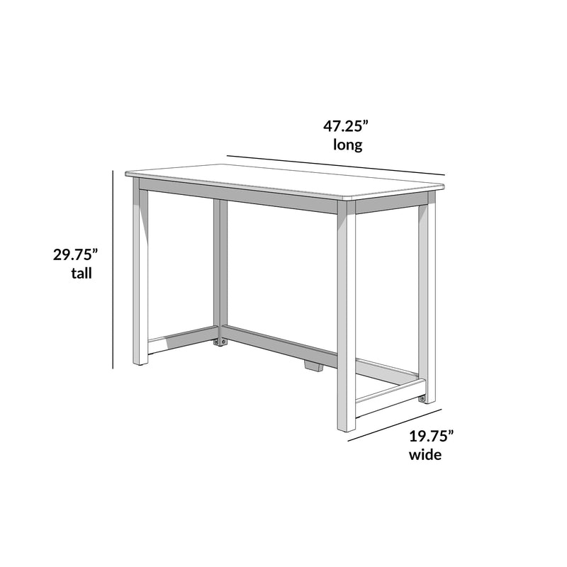 Compact rectangular writing desk for small home office, open-frame console table schematic showing dimensions 47.25 in long × 19.75 in wide × 29.75 in tall