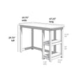 Rectangular wooden computer desk with two open side shelves, 47.25 in long × 19.75 in wide × 29.75 in tall; side shelf heights 11.25 in and 10 in, shelf depth 14.25 in, shelf width 7.25 in