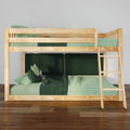 Natural wood loft bunk bed with ladder and green gingham bedding in a modern kids' bedroom