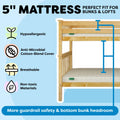5-inch mattress for bunks and lofts on wooden bunk bed, hypoallergenic breathable design with anti-microbial cotton-blend cover and non-toxic materials
