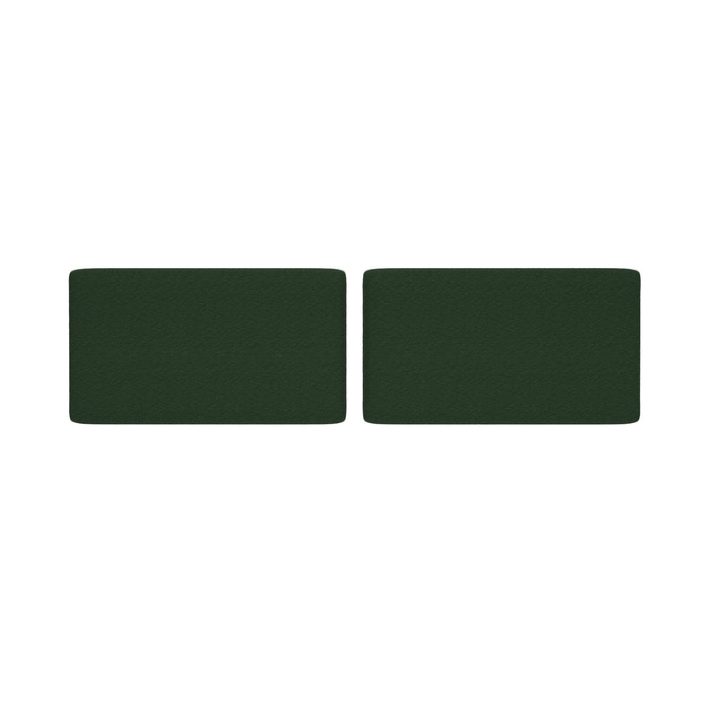 Two dark green rectangular upholstered sofa cushions on white background