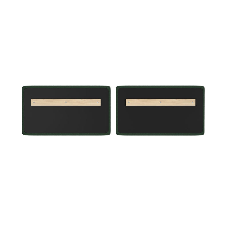 Pair of rectangular black wall-mounted bulletin boards with green trim and wooden mounting rails secured by screws