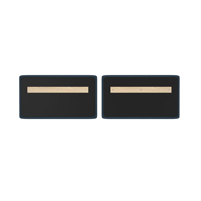 Pair of rectangular black acoustic wall panels with navy fabric edging and horizontal maple mounting strips with screws for home office studio