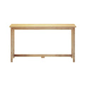 Minimalist natural wood console table with rectangular top, straight legs and stretcher support on white background