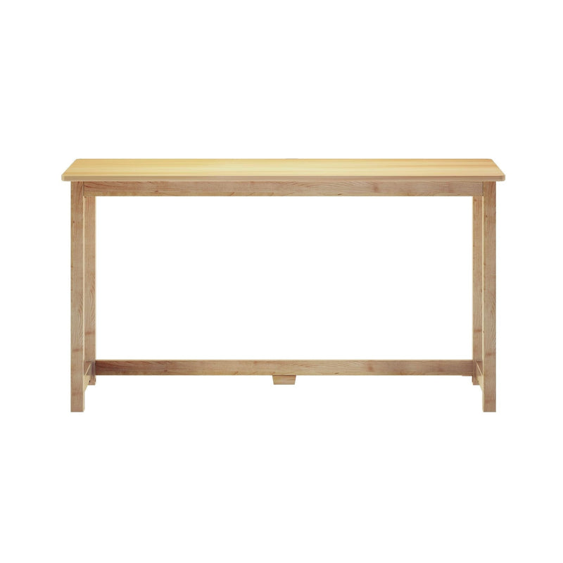 Minimalist natural wood console table with rectangular top, straight legs and stretcher support on white background