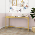 Minimalist light wood desk against a pastel pink-and-white wall in a children's room, styled with colorful bunting and framed rainbow prints, white desk lamp, alarm clock, open book, small succulent and birdhouse for modern nursery or home office decor