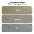 Close-up wood grain finish samples in rounded swatches showing warm, neutral, and cool tones to illustrate how different lighting conditions affect color and texture.