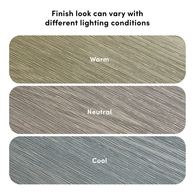 Close-up wood grain finish samples in rounded swatches showing warm, neutral, and cool tones to illustrate how different lighting conditions affect color and texture.