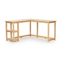 L-shaped natural pine corner desk with open-frame legs and two built-in shelves, minimalist home office computer desk