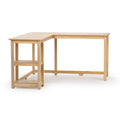 L-shaped light natural wood corner desk with built-in open shelves, space-saving modern minimalist home office or study workstation on white background