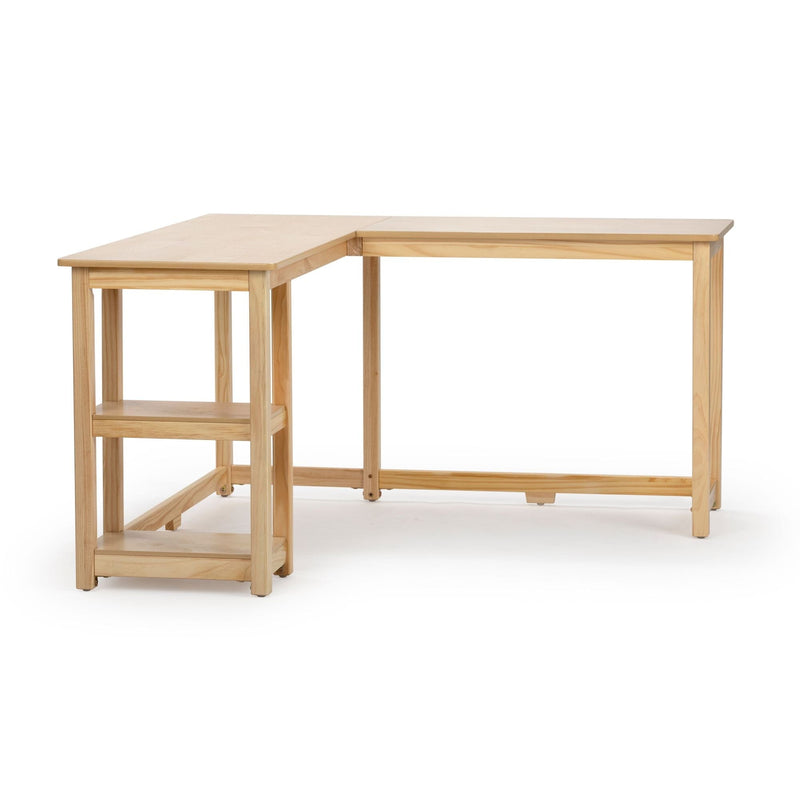 L-shaped light natural wood corner desk with built-in open shelves, space-saving modern minimalist home office or study workstation on white background