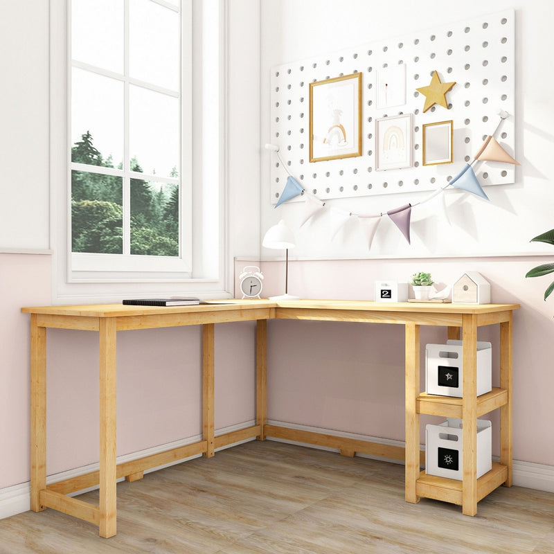 L-shaped natural wood corner desk with built-in shelves in a bright pink home office or kids' study by a window, minimalist Scandinavian design
