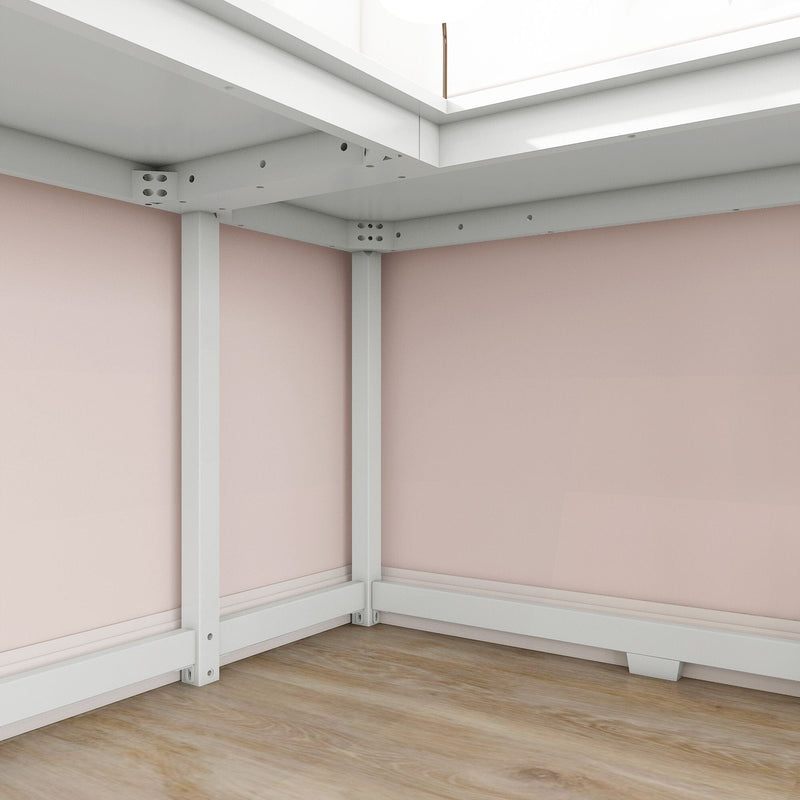 White metal bed frame corner against pastel pink walls and light hardwood floor, modern minimalist bedroom interior