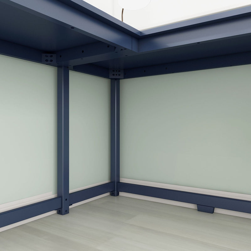 Close-up of blue steel frame support beams in an interior corner with light green walls and pale wood floor, modular metal construction for shelving or furniture